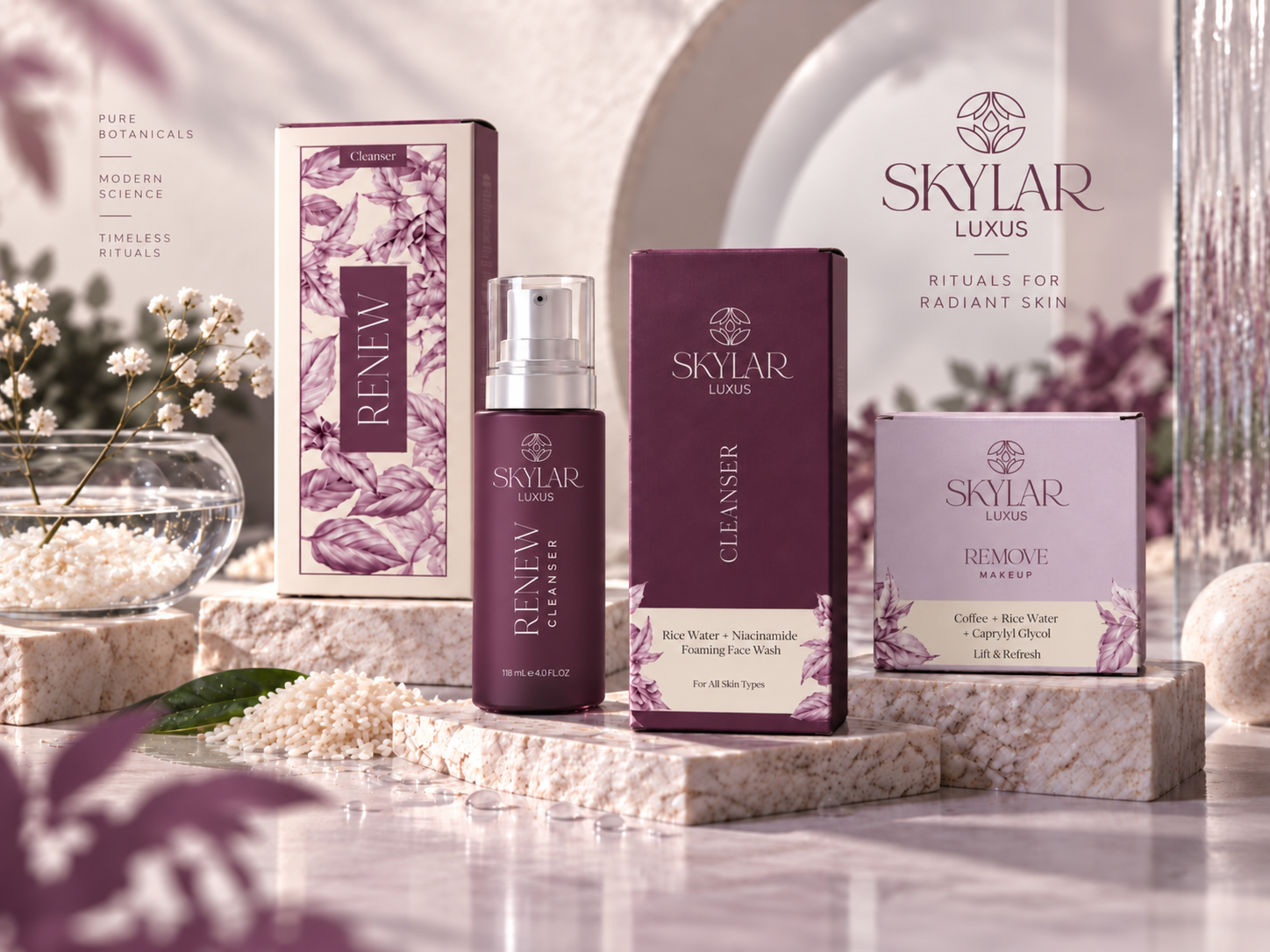 Skylar Luxus Renew cleanser and Remove makeup rituals